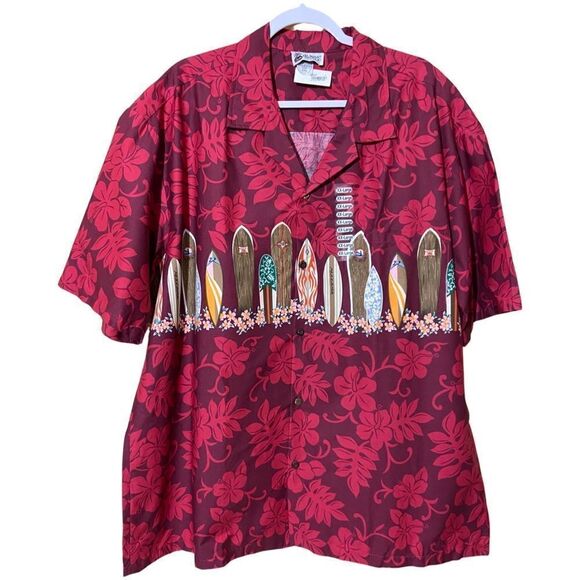 Authentic Hawaiian Cotton Surfboard Rack Hibiscus Button Down Shirt - Picture 3 of 6